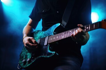 Obraz premium A guitarist playing a blue guitar in a purple light A fictional character created by Generated AI. 