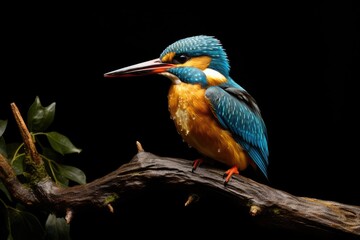 Kingfisher Alcedo atthis on a branch, A Common Kingfisher Alcedo atthis perches on a branch, AI Generated