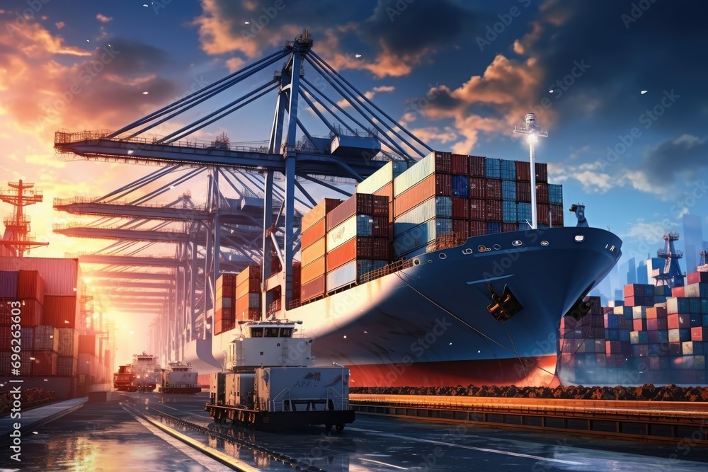 Poster container cargo freight ship with working crane bridge at sunset for logistic import export backgrou