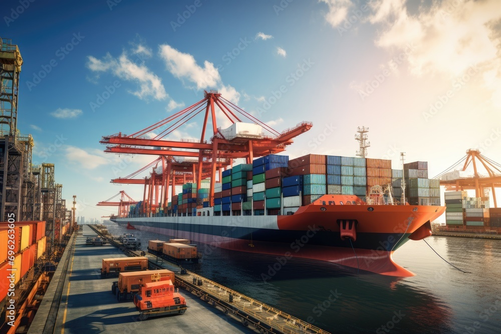 Poster container cargo freight ship with working crane bridge in shipyard for logistic import export backgr