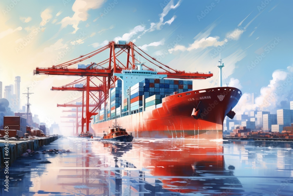 Poster container cargo freight ship with working crane bridge in shipyard for logistic import export backgr