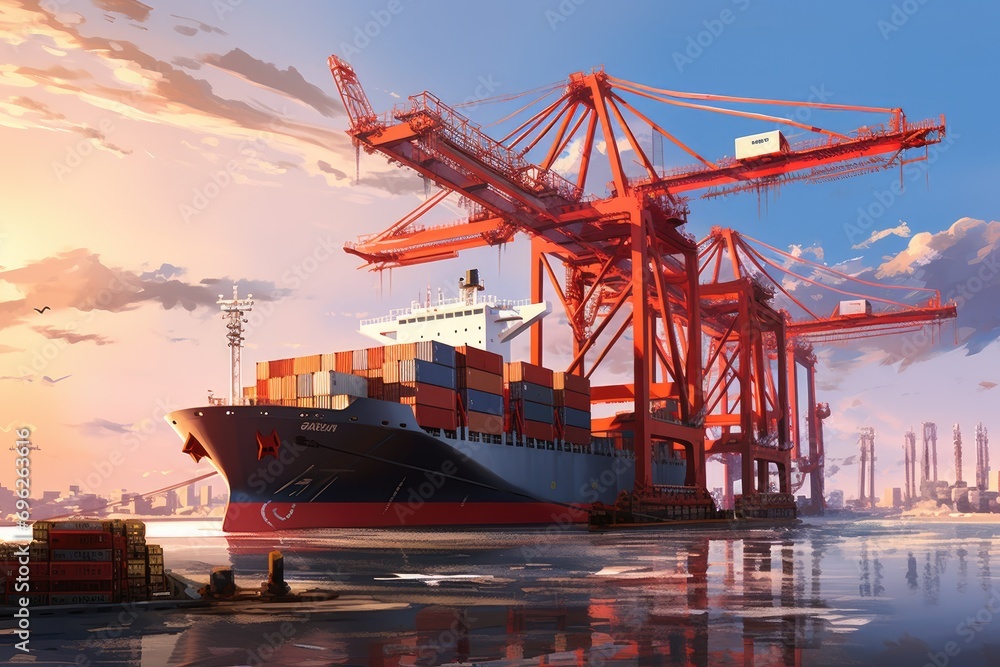Poster container cargo freight ship with working crane bridge in shipyard for logistic import export backgr