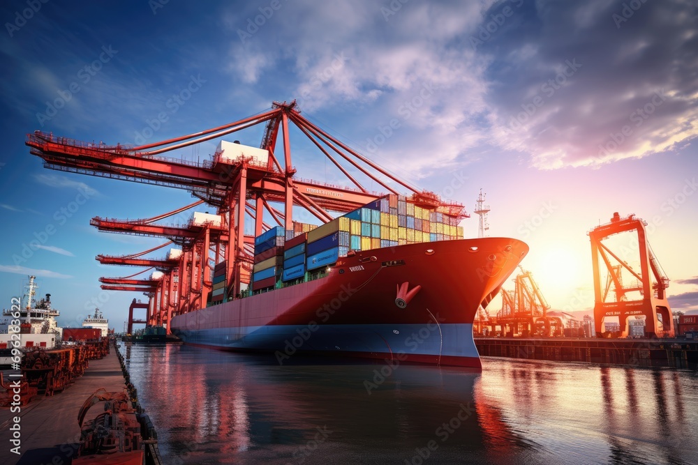 Poster container cargo freight ship with working crane bridge in shipyard for logistic import export backgr