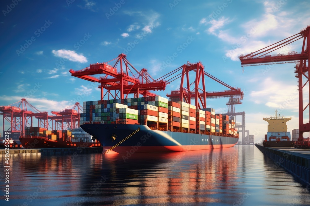 Poster container cargo freight ship with working crane bridge in shipyard for logistic import export backgr