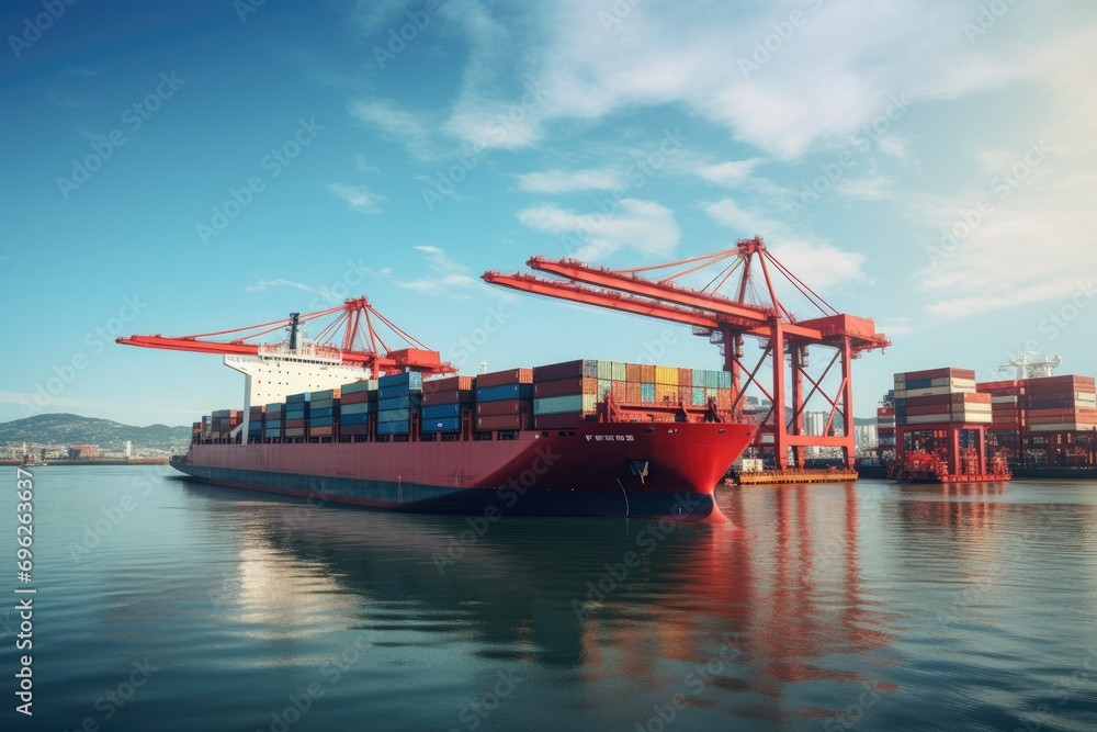 Poster container cargo freight ship with working crane bridge at sunset for logistic import export backgrou