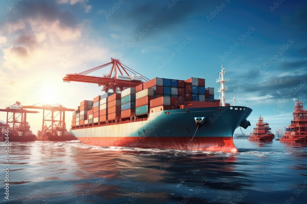 Poster containers loading and unloading at the port terminal. 3d rendering, a container cargo freight ship 