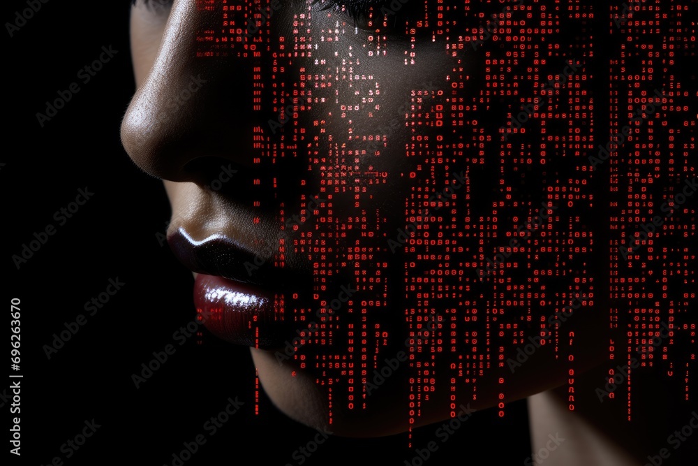 Aufkleber a cropped view of a woman with a closed mouth is set against a black background with binary code, --