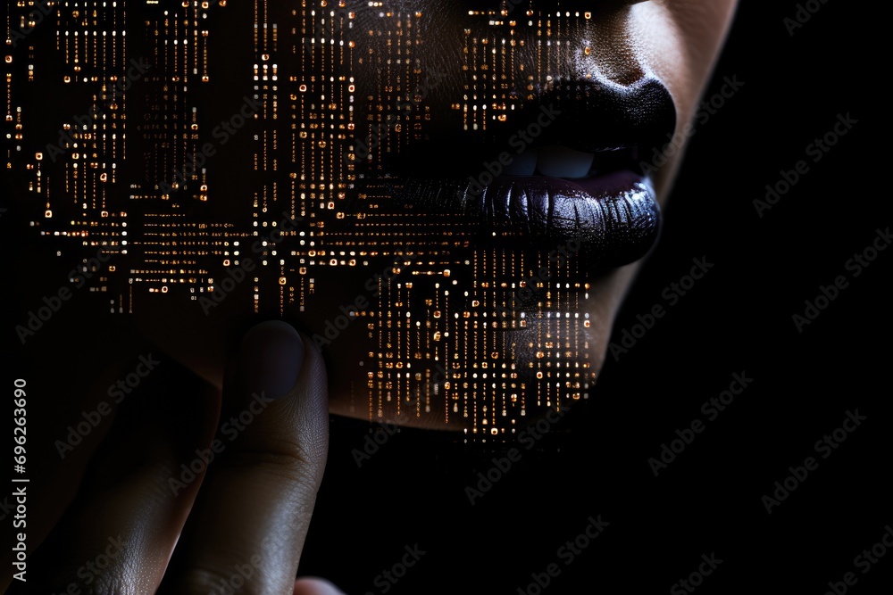 Poster close-up of female lips with binary code against black background with vignette, a cropped view of a