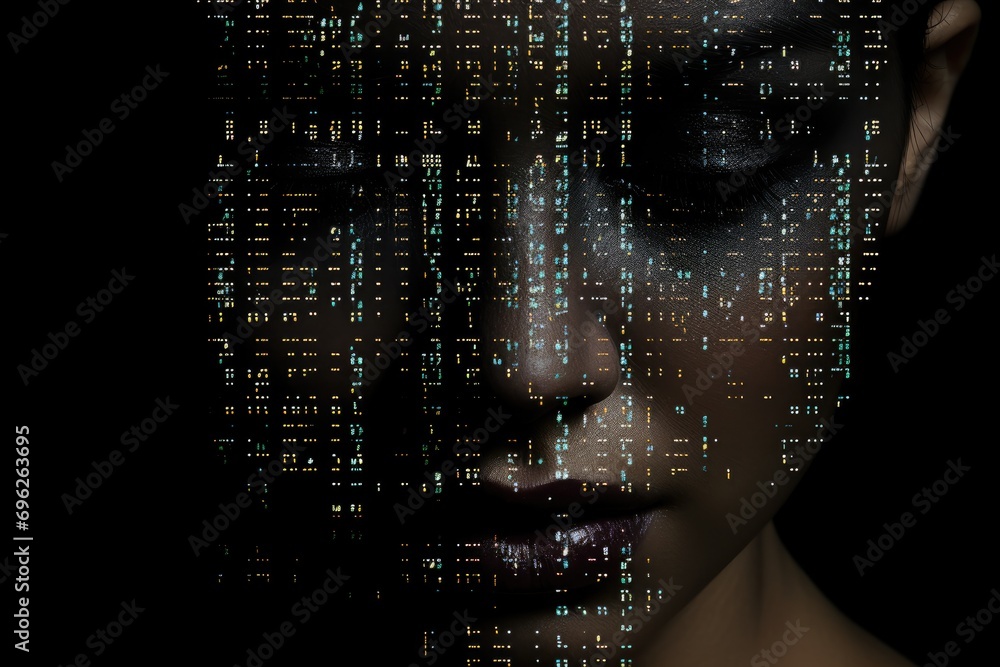 Canvas Prints Cyberpunk girl face with binary code, 3d render illustration, A cropped view of a woman with a closed mouth is set against a black background with binary code, AI Generated