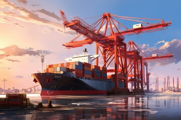 Container Cargo freight ship with working crane bridge in shipyard for Logistic Import Export background, A container cargo freight ship with a working crane bridge forms an import, AI Generated