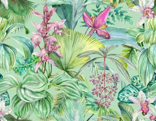 Canvas schilderij Jungle Tropical botanical wallpaper with leaves and orchids. Seamless pattern with tropical leaves and flowers. Illustration drawn in watercolor  © Арина Трапезникова