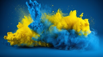 Powder explosion: a presentation background of blue and yellow paint splashes collision. a tainted blast of holi paint colors in high speed continuous shooting mode. - obrazy, fototapety, plakaty