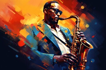 The Art of Saxophone - A painting of a man playing a saxophone A fictional character created by Generated AI.  - obrazy, fototapety, plakaty