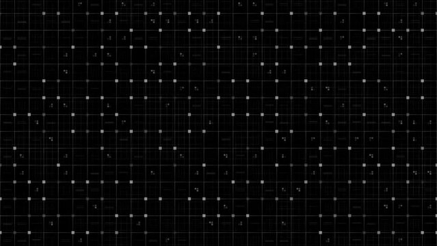 4K 3D Abstract technology dark background. random dots and grid. data, hi-tech concept. virtual space. motion graphics design. backdrop, wallpaper. grid infinite space. Perspective wireframe