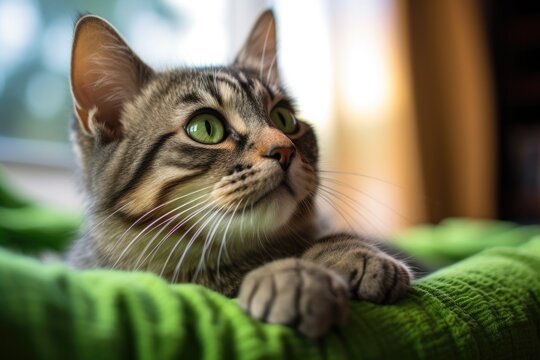 Cute tabby cat lying on a green blanket in a room, A cute cat with green eyes lying on a bed and gazing upward, AI Generated