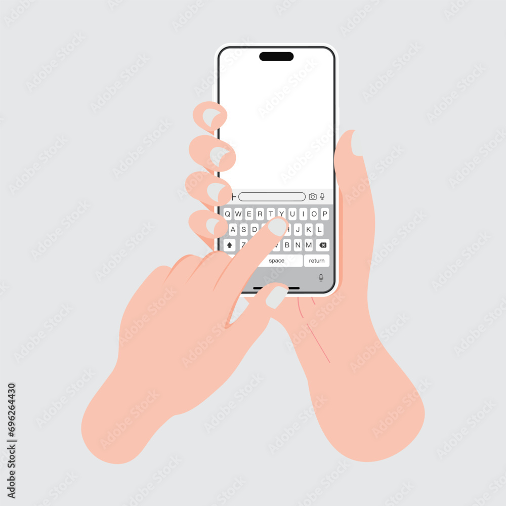 Poster flat design of a man's hand holding a smartphone with keyboard and keypad, touching and typing on th
