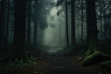 A dark forest with numerous trees covered in fog, --ar 3:2 --v 5.2 Job ID: 379b4f16-23ef-4dcb-8320-93191ba9d6f1