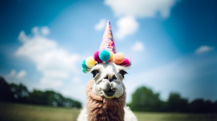 a cute fluffy lama or alpaca wearing a colorful vibrant birthday cone hat photographed outside with blue sky in the background. Post card photo image