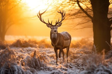 Fallow deer in the winter forest at sunrise. Fallow deer Cervus elaphus, A Fallow deer stag during rutting season at sunrise in winter, AI Generated