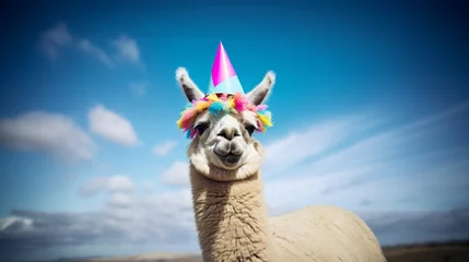 Papier Peint photo Lama a cute fluffy lama or alpaca wearing a colorful vibrant birthday cone hat photographed outside with blue sky in the background. Post card photo image