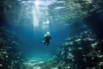 Naklejka na ściany i meble Young woman scuba diver glides over coral reef with fish, A female apnea athlete swims in the crystal sea wearing a bikini, AI Generated