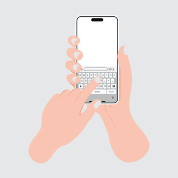 Flat design of a man's hand holding a smartphone with keyboard and keypad, touching and typing on the blank screen with his finger. Vector.