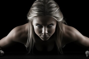 Portrait of a beautiful sexy blonde woman on a black background, A fitness girl doing push-ups on a black background, head section cropped, faces not revealed, AI Generated