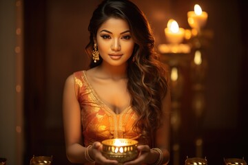 Elegant woman in traditional Indian attire holding a lit candle A fictional character created by Generated AI. 