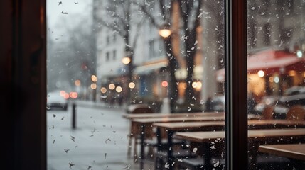 Cafe street on a snowy day