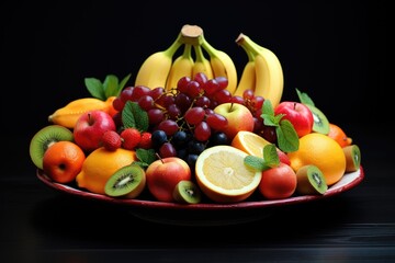 Fruits on plate, fruits decoration ready to eat, Fresh Fruit Variety on Tray Healthy Eating Diet Food Ai generated