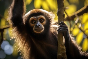 Portrait of a black-capped gibbon in the forest, A gibbon hangs from a tree in the jungle of Costa Rica, AI Generated