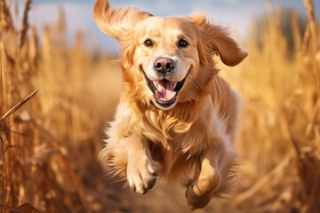 Golden Retriever dog running in the field on a sunny day, A Golden Retriever dog runs energetically in a field with a blurred background, AI Generated