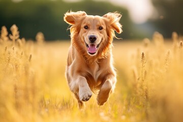 Golden Retriever running in the field. Golden Retriever dog, A Golden Retriever dog runs energetically in a field with a blurred background, AI Generated