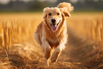Golden Retriever running in the field at sunset, close up, A Golden Retriever dog runs energetically in a field with a blurred background, AI Generated