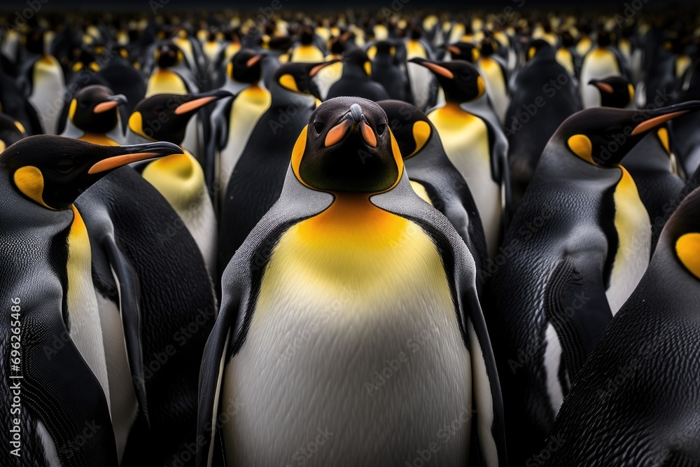 Fototapete group of king penguins standing in a row. 3d rendering, a group of king penguins captivates observer