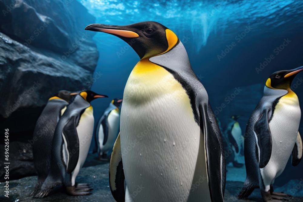 Fototapete king penguin in the deep blue water. 3d rendering, a group of king penguins captivates observers in 