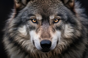 Close-up portrait of a wolf in the forest. Animal portrait, A Grey Wolf captured in a close-up portrait, staring intensely, AI Generated