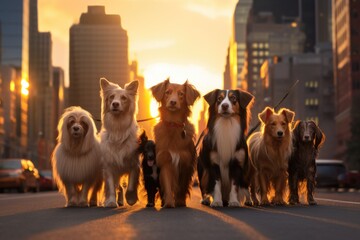 A group of Australian Shepherd dogs walking in the city at sunset, A group of dogs enjoys a sunset stroll in the city, featuring dachshunds and a spaniel, AI Generated