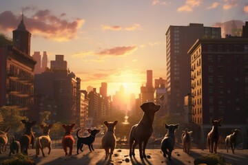 3d rendering of a group of dogs in the city at sunset, A group of dogs enjoys a sunset stroll in the city, featuring dachshunds and a spaniel, AI Generated - obrazy, fototapety, plakaty