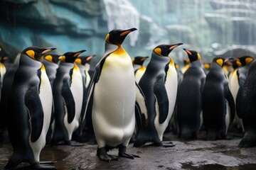 Group of King penguins in the zoo. Animal protection concept, A group of king penguins captivates observers in the zoo, showcasing a wildlife scene from nature, AI Generated