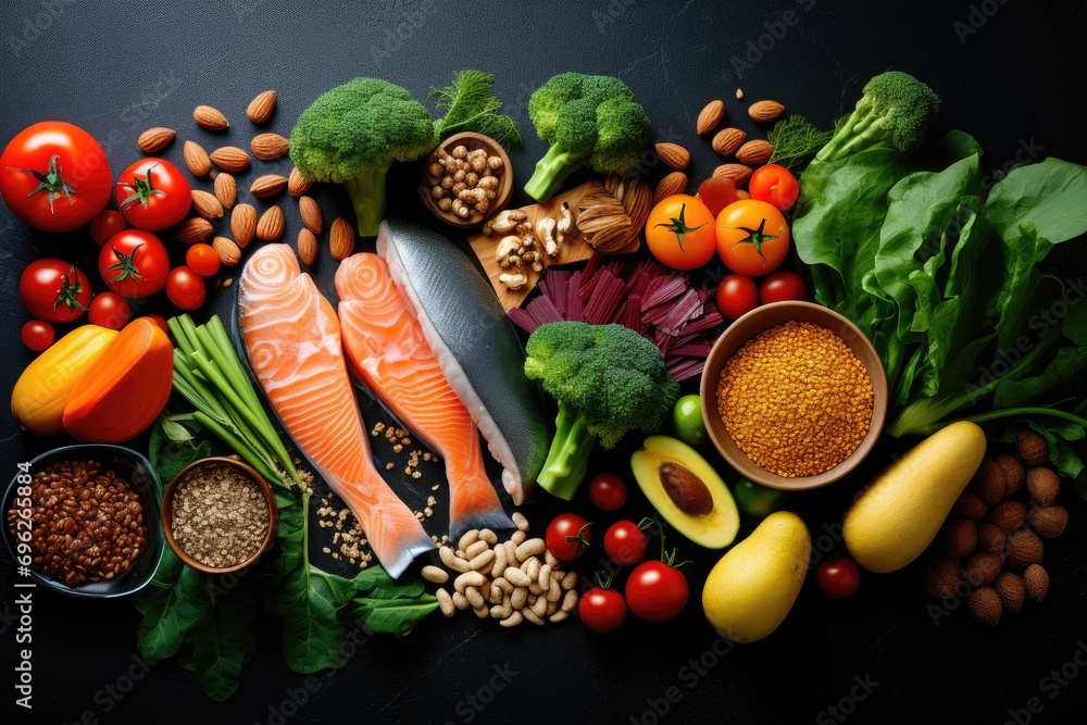 Poster Healthy food clean eating selection: salmon, avocado, tomatoes, beans, legumes and nuts on black background, A healthy food clean eating selection, including fish, fruits, vegetables, AI Generated