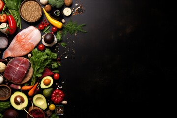 Healthy food ingredients for cooking on black background. Top view with copy space, A healthy food clean eating selection, including fish, fruits, vegetables, cereals, and nuts, AI Generated
