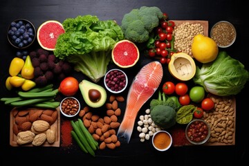 Healthy food clean eating selection: fish, fruits, vegetables, superfoods, nuts, seeds and grains. Balanced diet, A healthy food clean eating selection, including fish, fruits, AI Generated