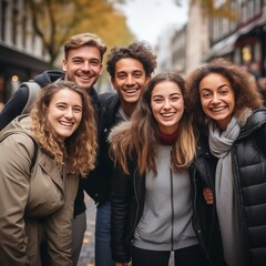 Various young teenagers grinning for the camera outside in the fall, multiracial, happy, young, Generative AI.
