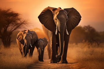 African Elephant - Loxodonta africana - in the savanna at sunset, A herd of elephants walking...