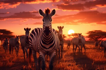 Zebra in savannah at sunset, Namibia, Africa, A herd of zebras in the savannah during the sunset, AI Generated - obrazy, fototapety, plakaty