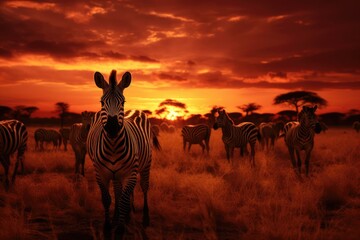 Group of zebras at sunset in Serengeti National Park, Tanzania, A herd of zebras in the savannah during the sunset, AI Generated - obrazy, fototapety, plakaty
