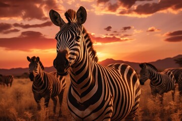 Zebra at sunset in Okavango Delta, Botswana, Africam A herd of zebras in the savannah during the sunset, AI Generated