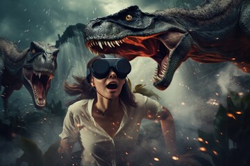 Woman Escapes from Dinosaurs in Virtual Reality A fictional character created by Generated AI. 