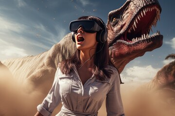 Fototapeta premium Virtual Reality Woman Experiences Dino Encounter A fictional character created by Generated AI. 
